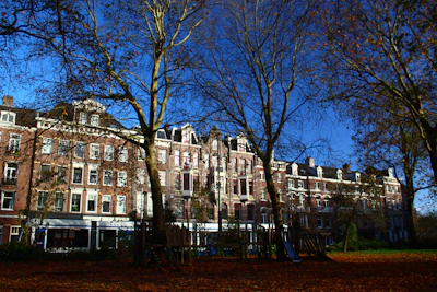 Apartment buildings with trees in foreground on a sunny day