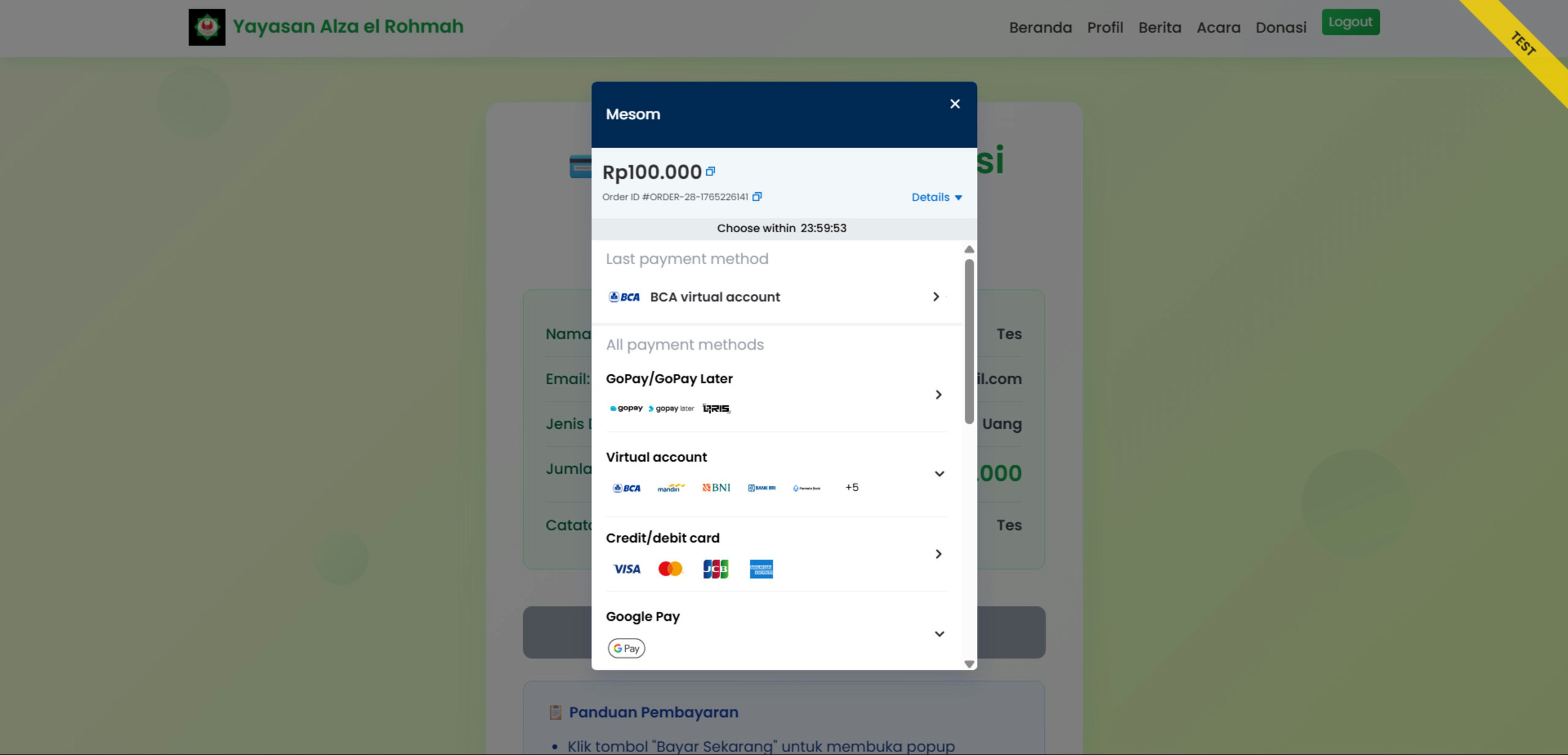 Online payment form with credit card options displayed