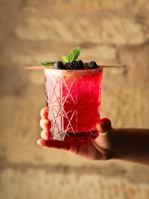 Hand holding a vibrant berry cocktail with mint garnish.