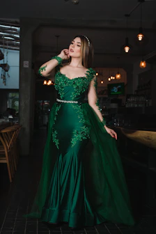 Woman in elegant emerald green gown with lace details.