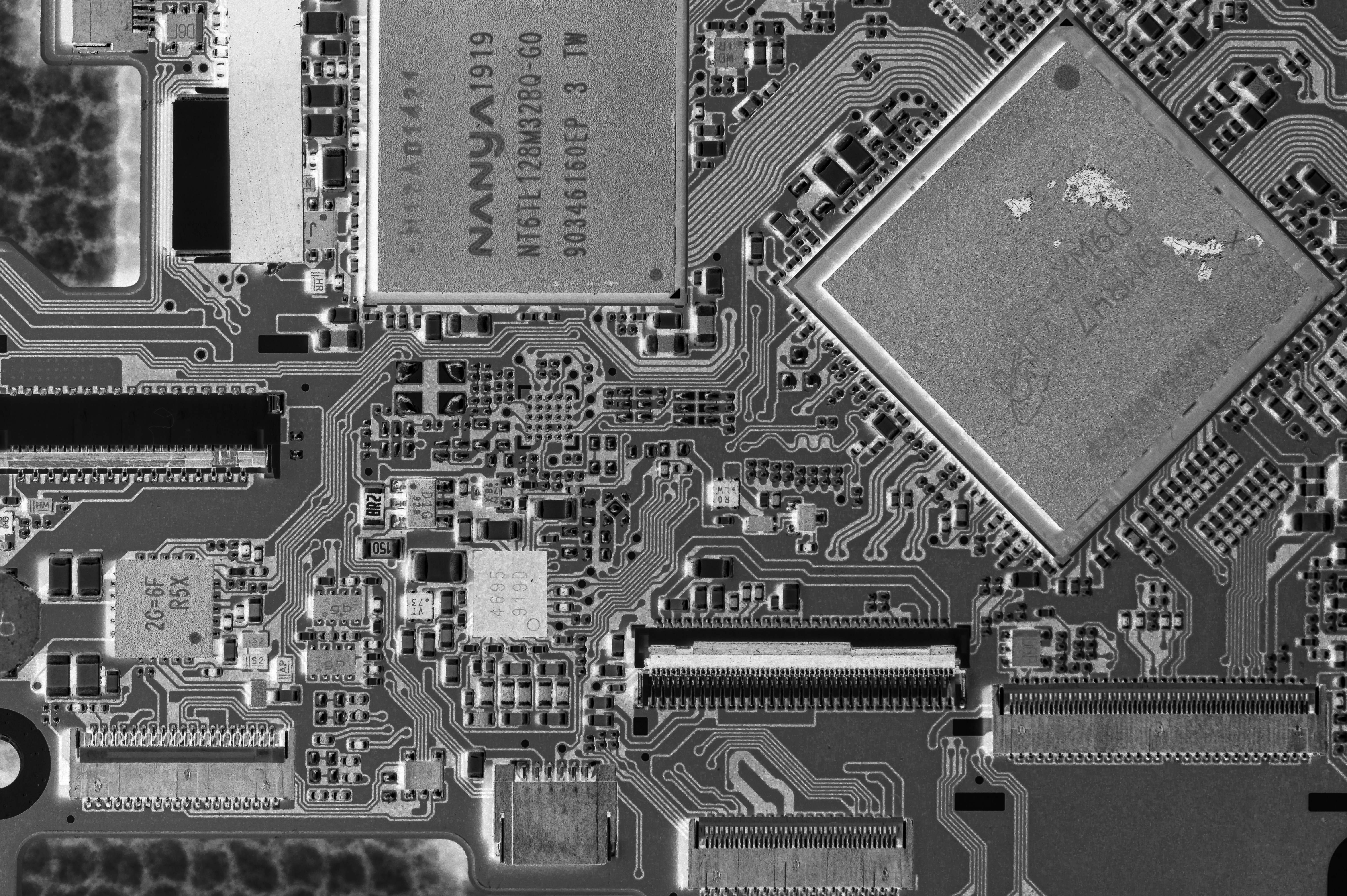 Close-up of a complex electronic circuit board with many components.