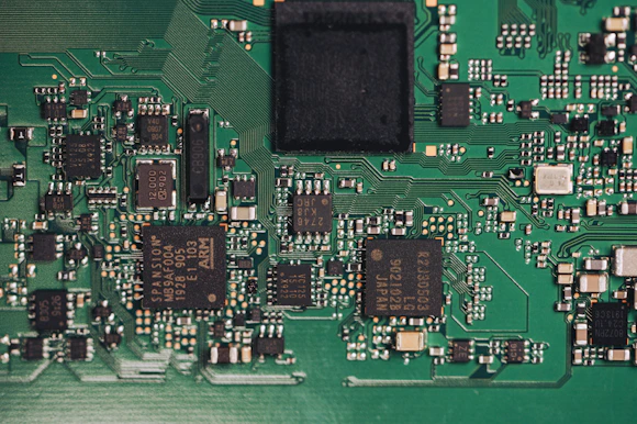 Green printed circuit board with electronic components
