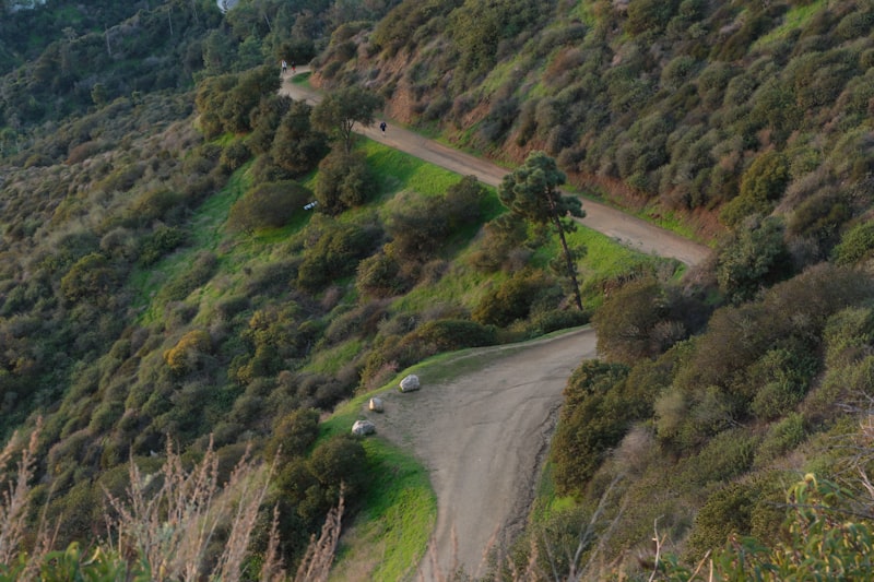 Winding dirt road through a green, hilly landscape