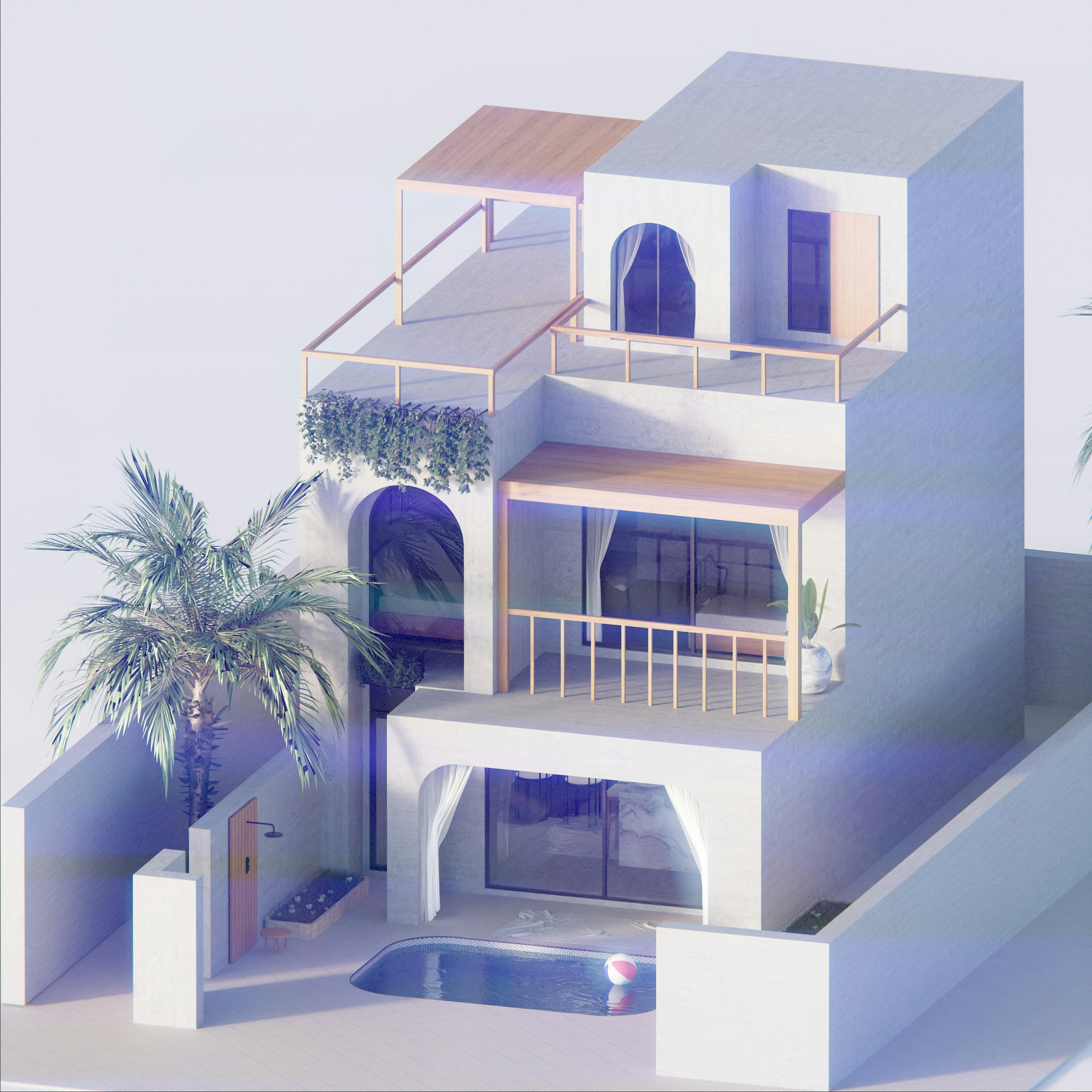 Modern white house with pool and palm tree.