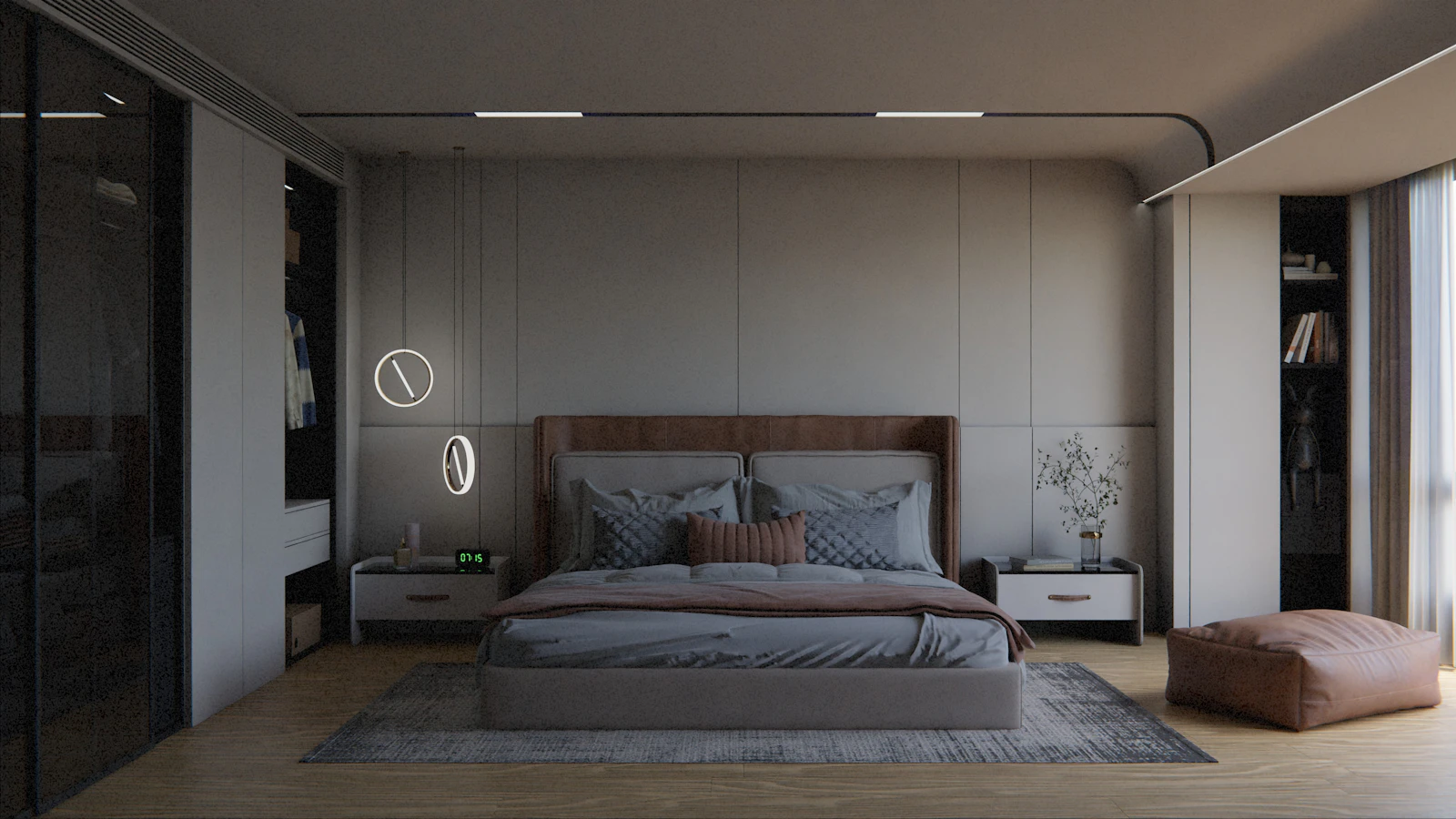 Modern bed with a thick mattress in a calm neutral bedroom