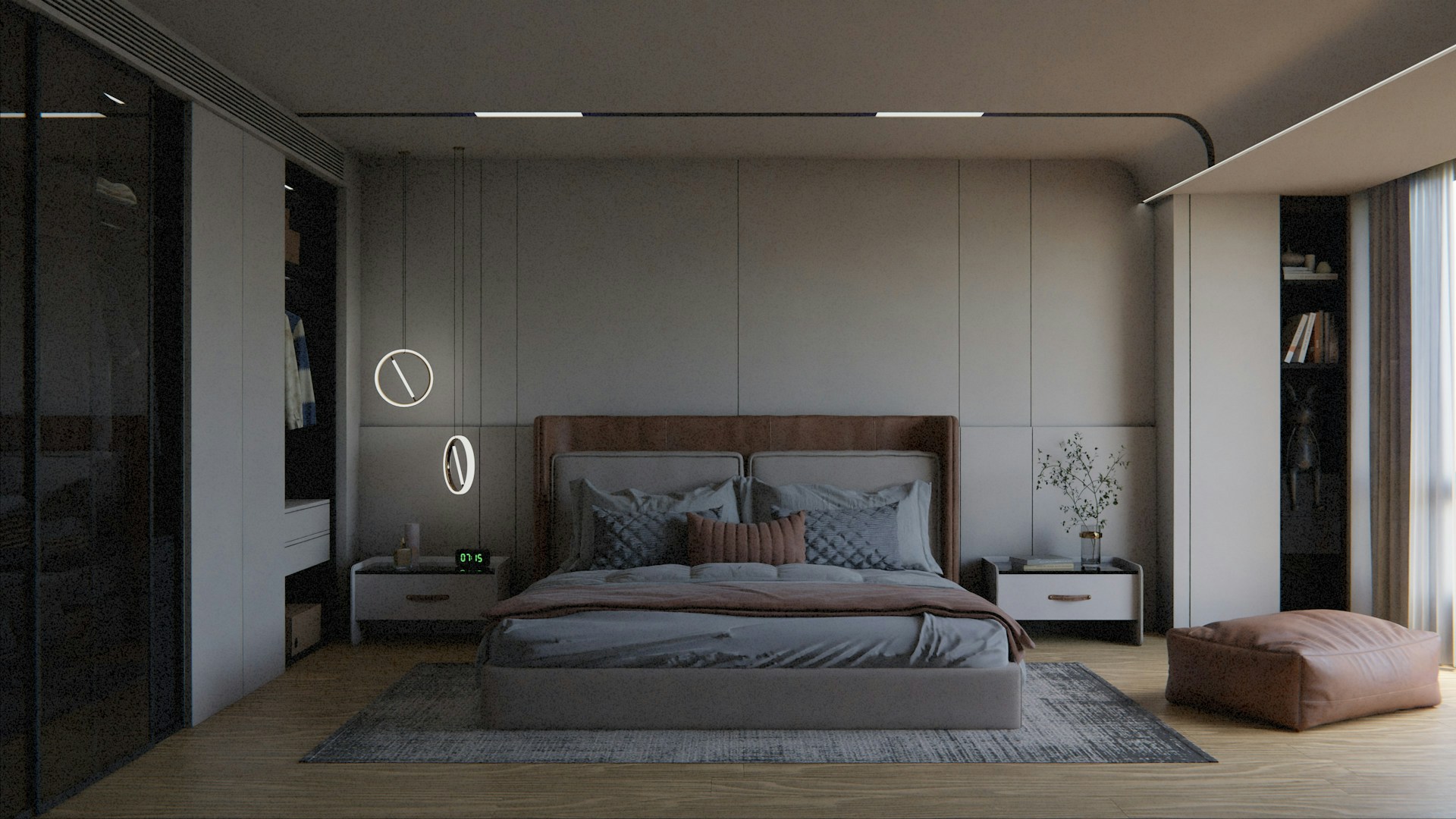 Modern bedroom with a large bed and minimalist decor.