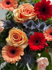 A vibrant bouquet of roses, gerbera daisies, and thistles.