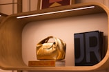 Golden handbag on books on a wooden shelf.