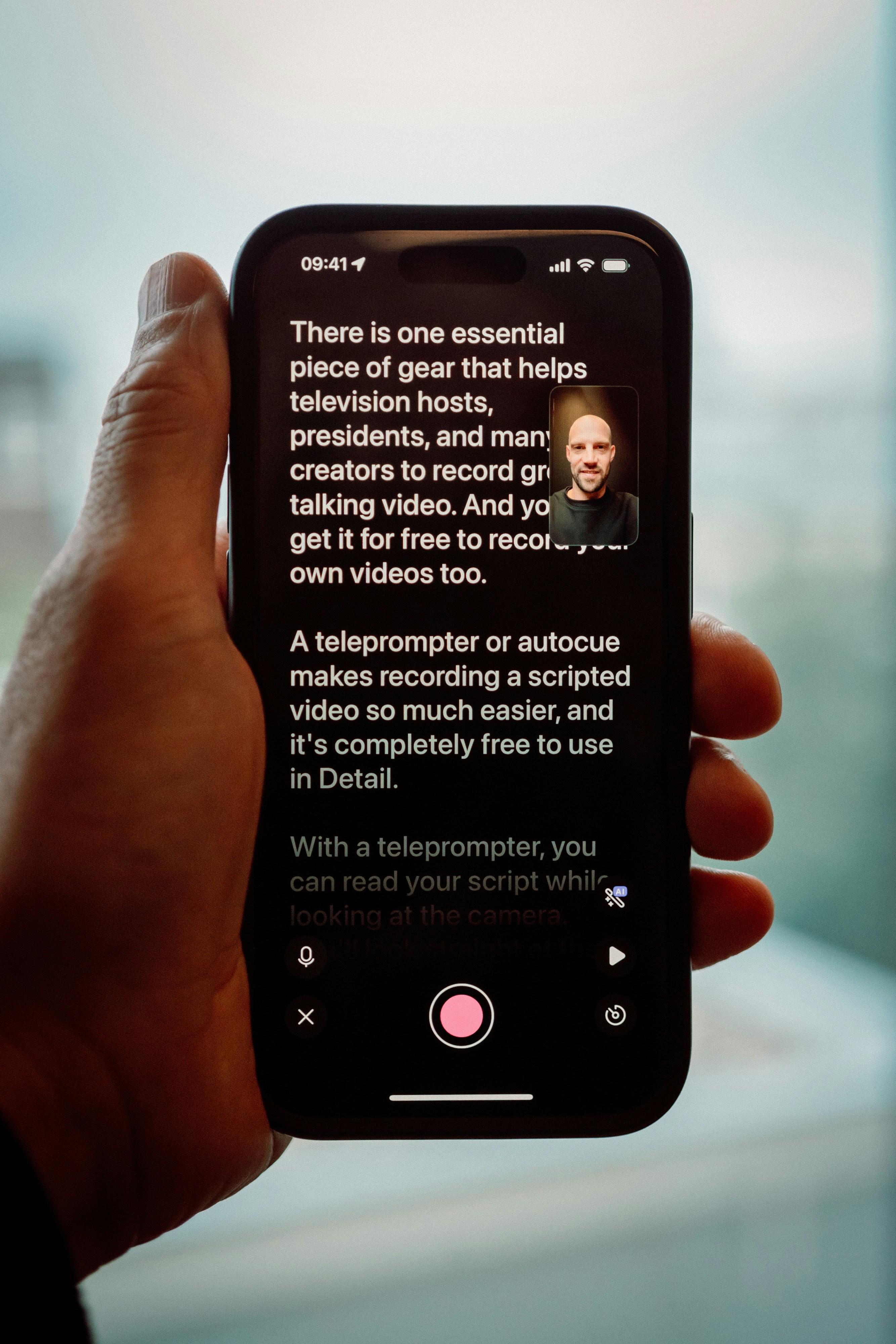 Hand holding phone displaying teleprompter app with text and video.