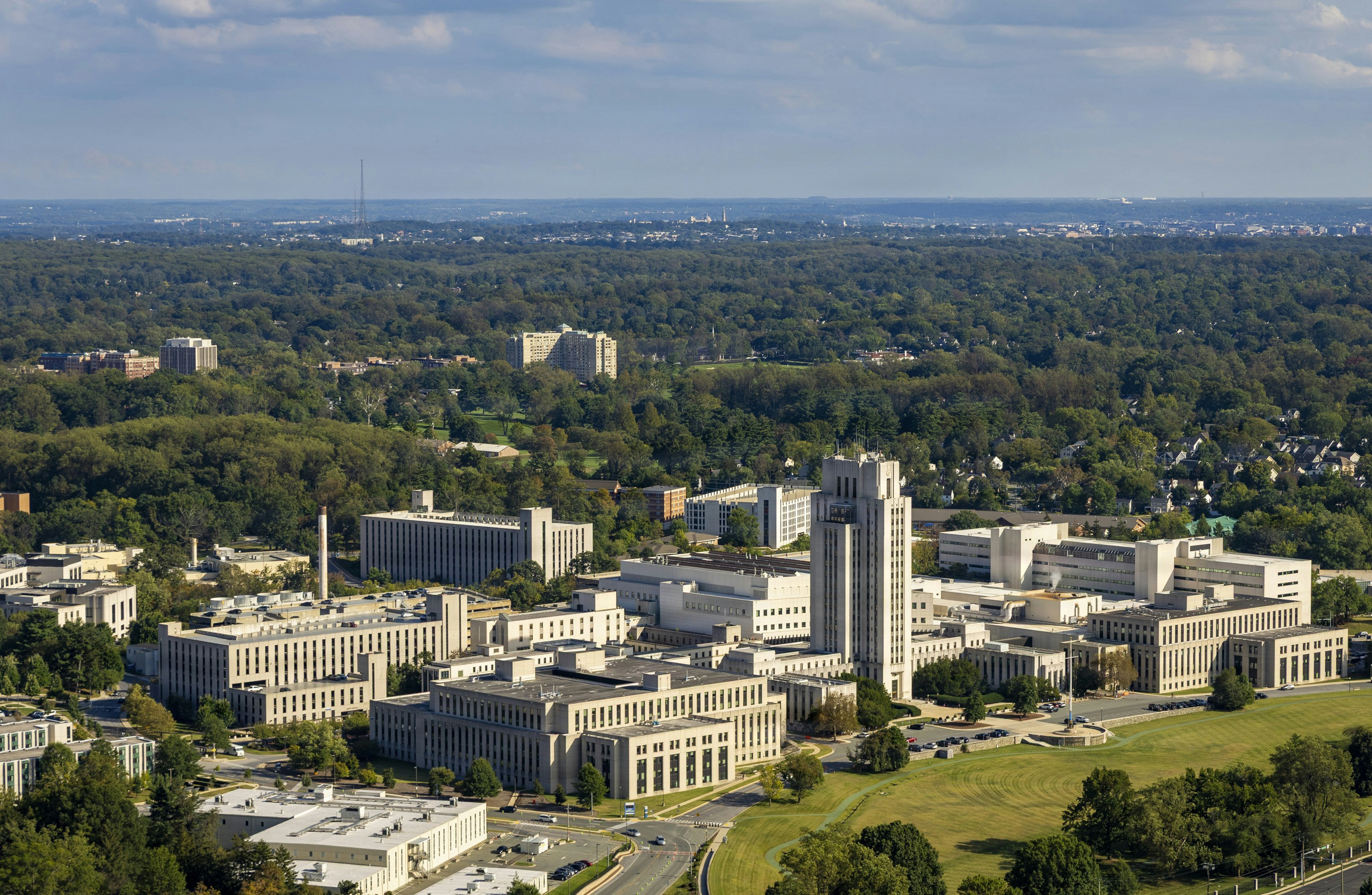 An aerial view of Walter Reed National Military Medical Center in Bethesda, Md., Sep. 26, 2025. As the nation's leading military medical center, Walter Reed provides world-class care to service members, veterans and their families, advances medical research and education, and ensures the continuity of government by treating the president and other national leaders. (DOW photo by Ricardo J. Reyes)