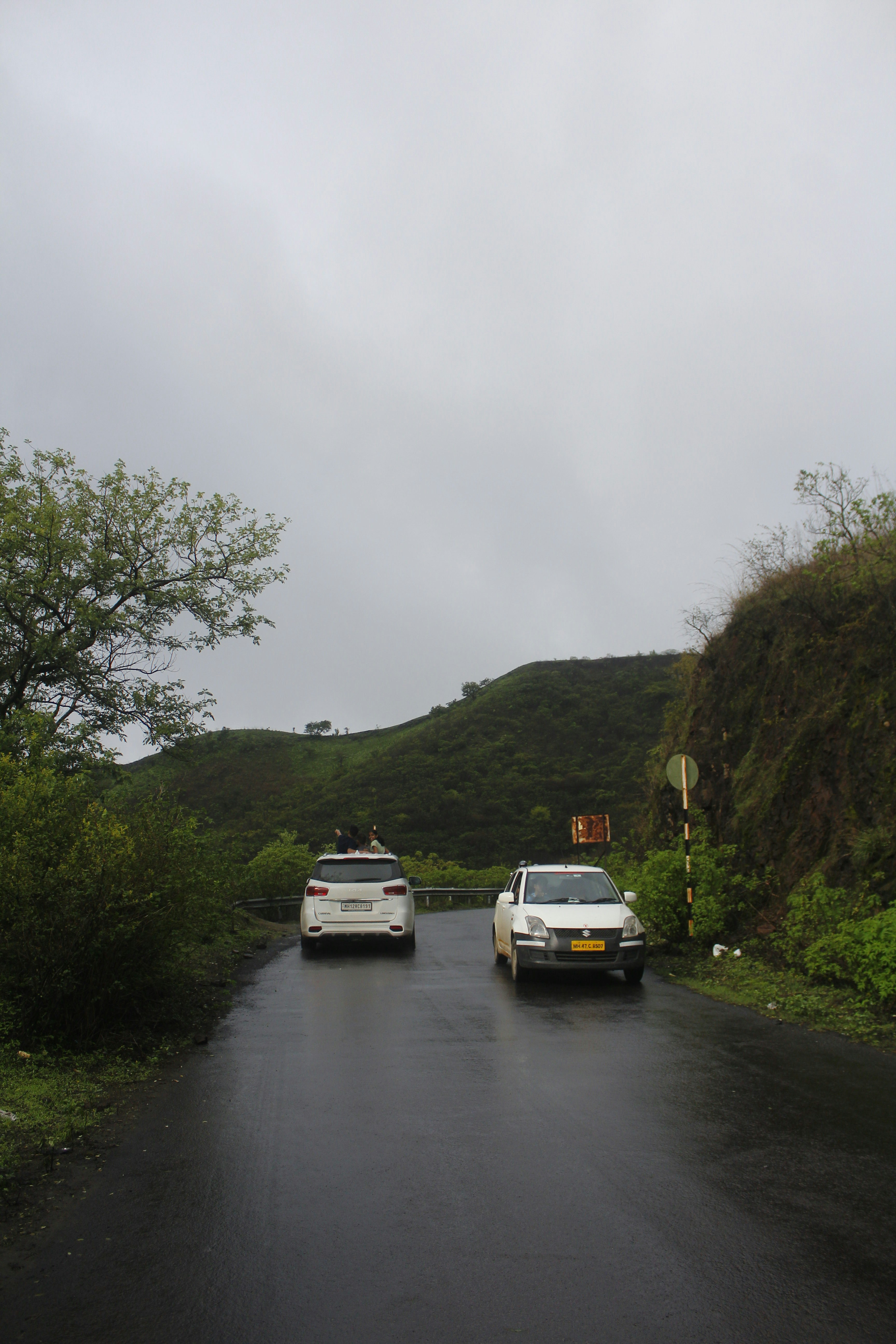 Two cars drive on a wet road through green hills.