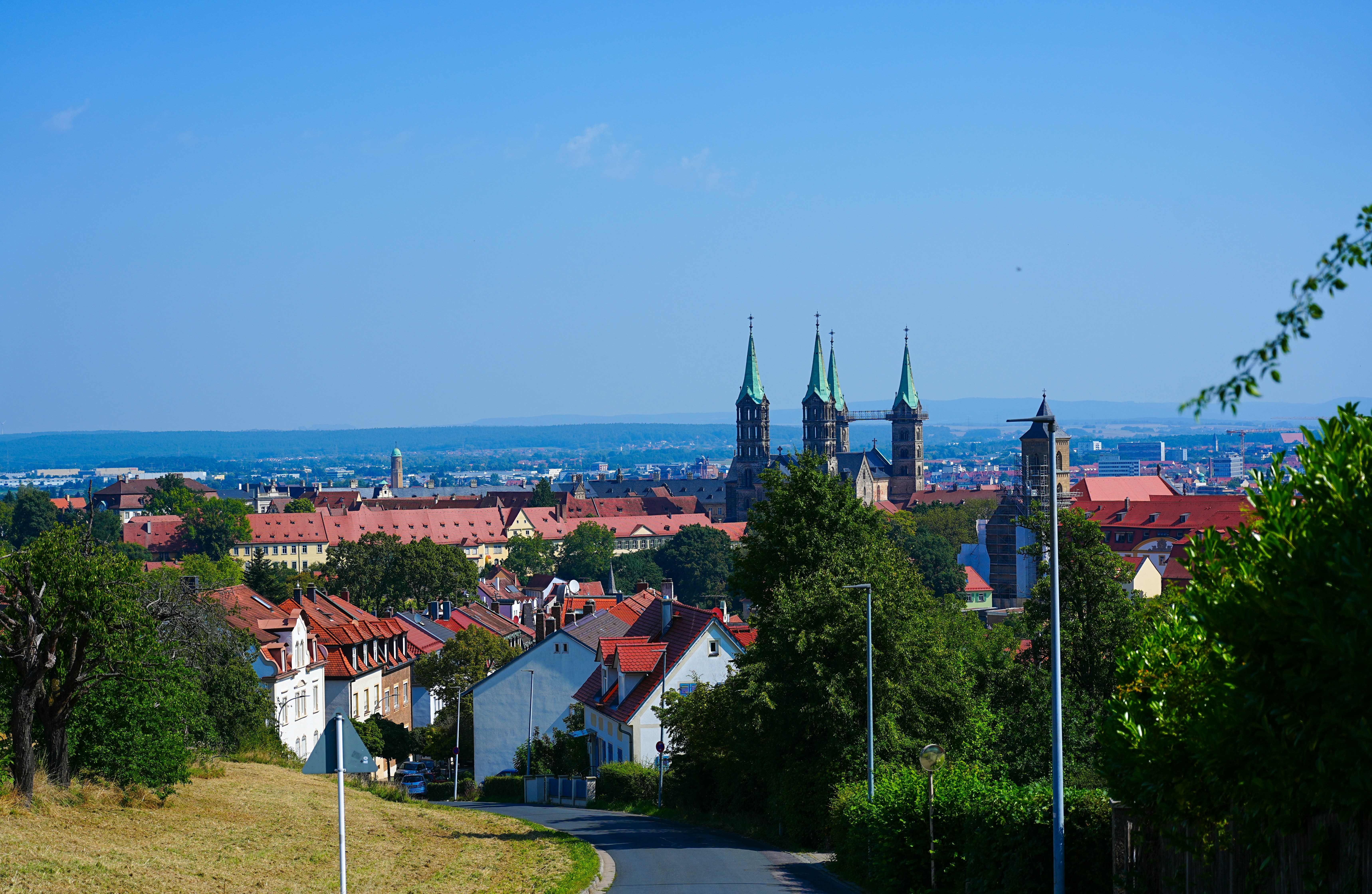 View of a european city with distinctive church spires.