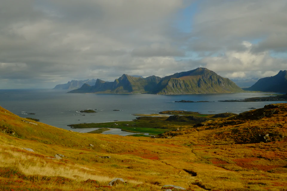Mountainous landscape with lush green vegetation and snow-capped peaks in the background