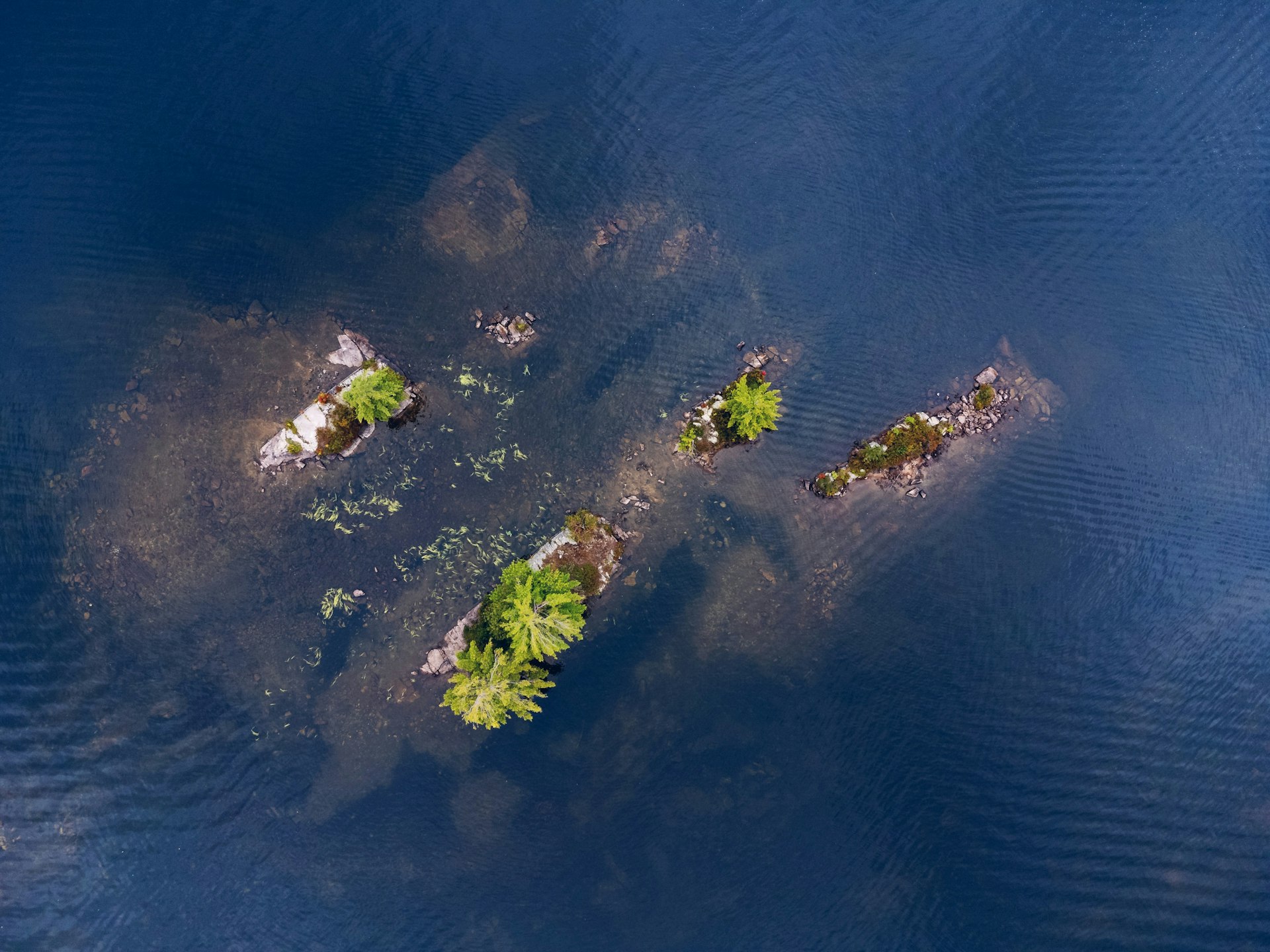 Small green islands with trees on dark blue tropical water