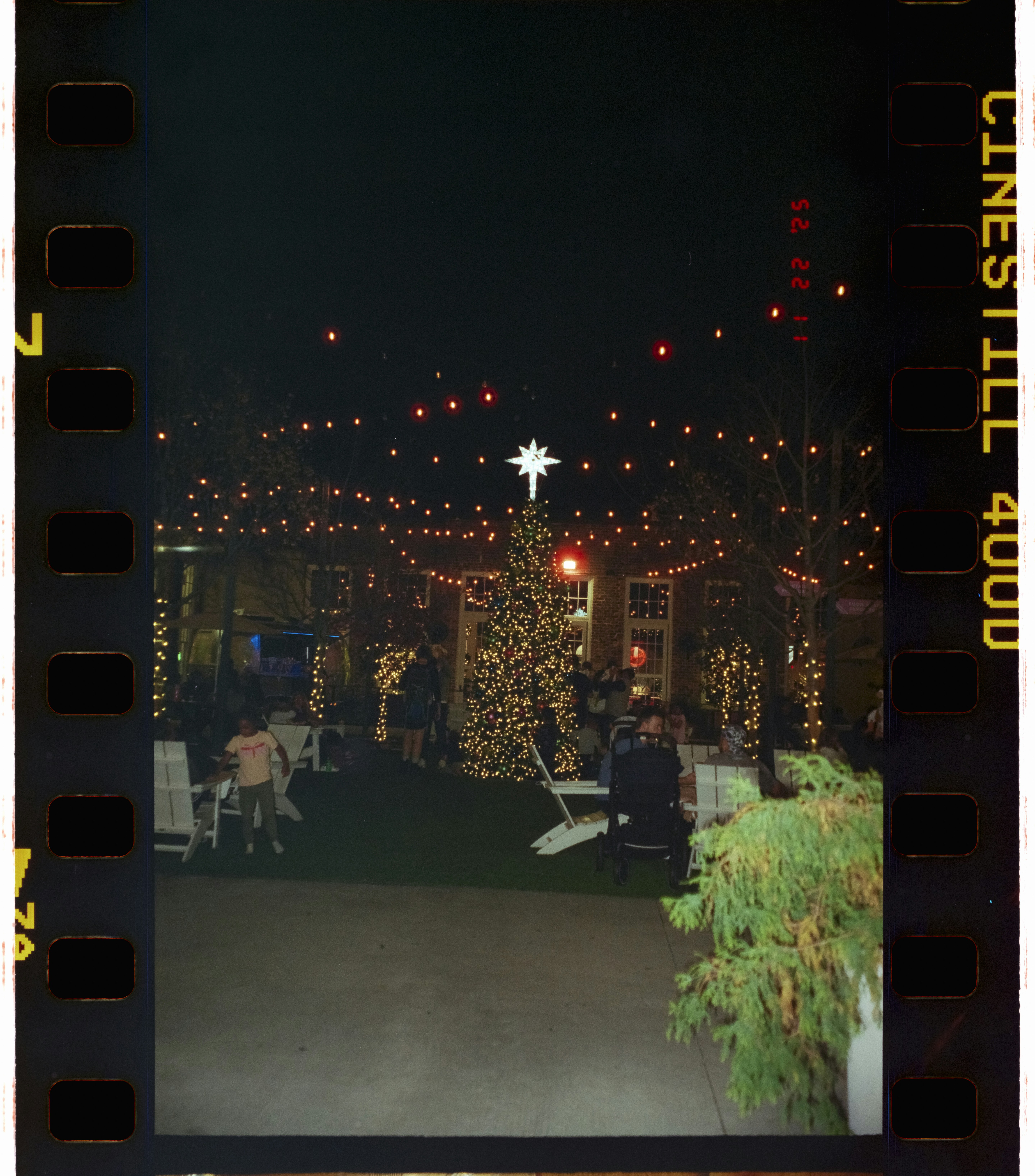 A festive outdoor area decorated with christmas trees and lights.