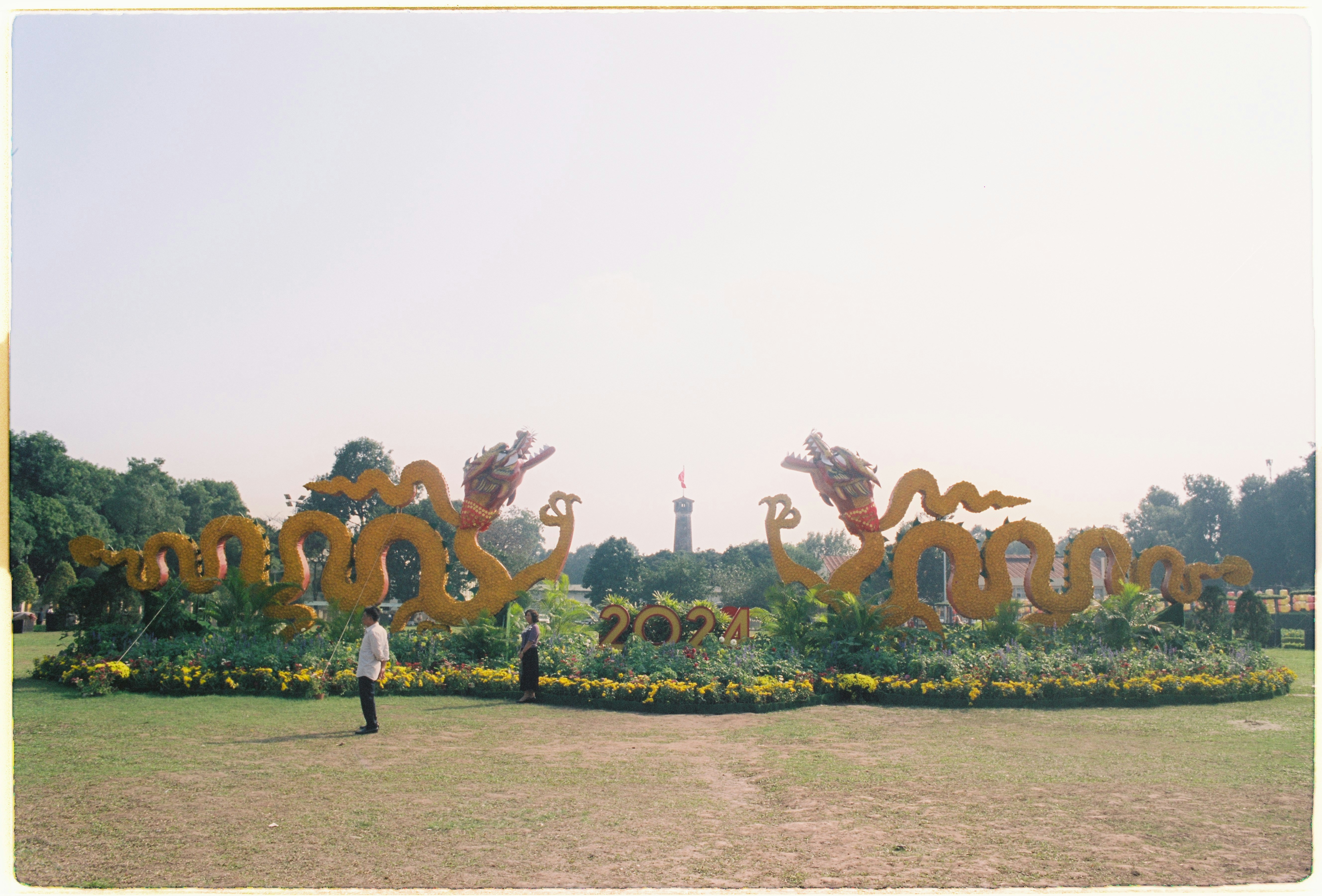 Two large dragon sculptures in a park.