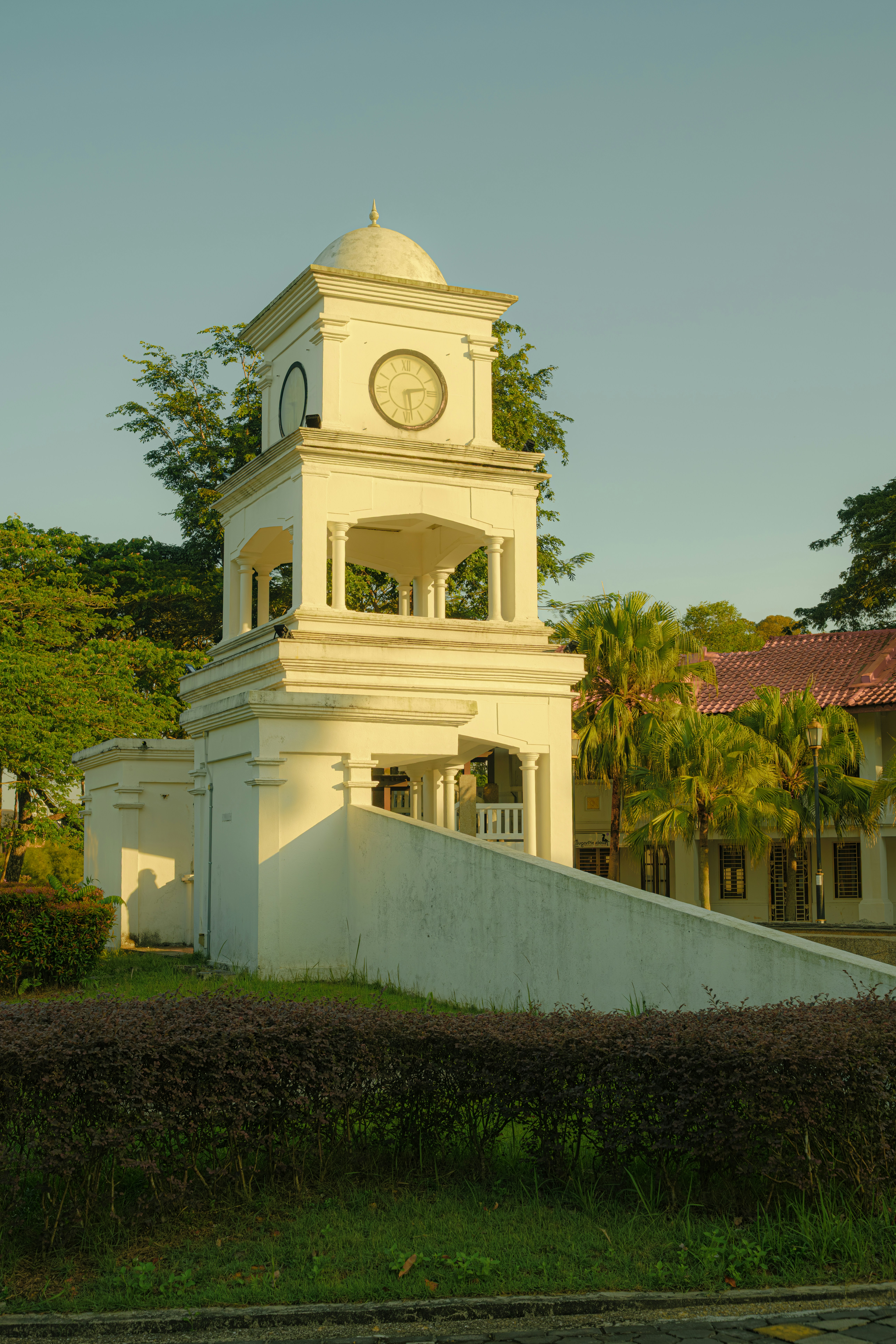 White clock tower with trees and buildings