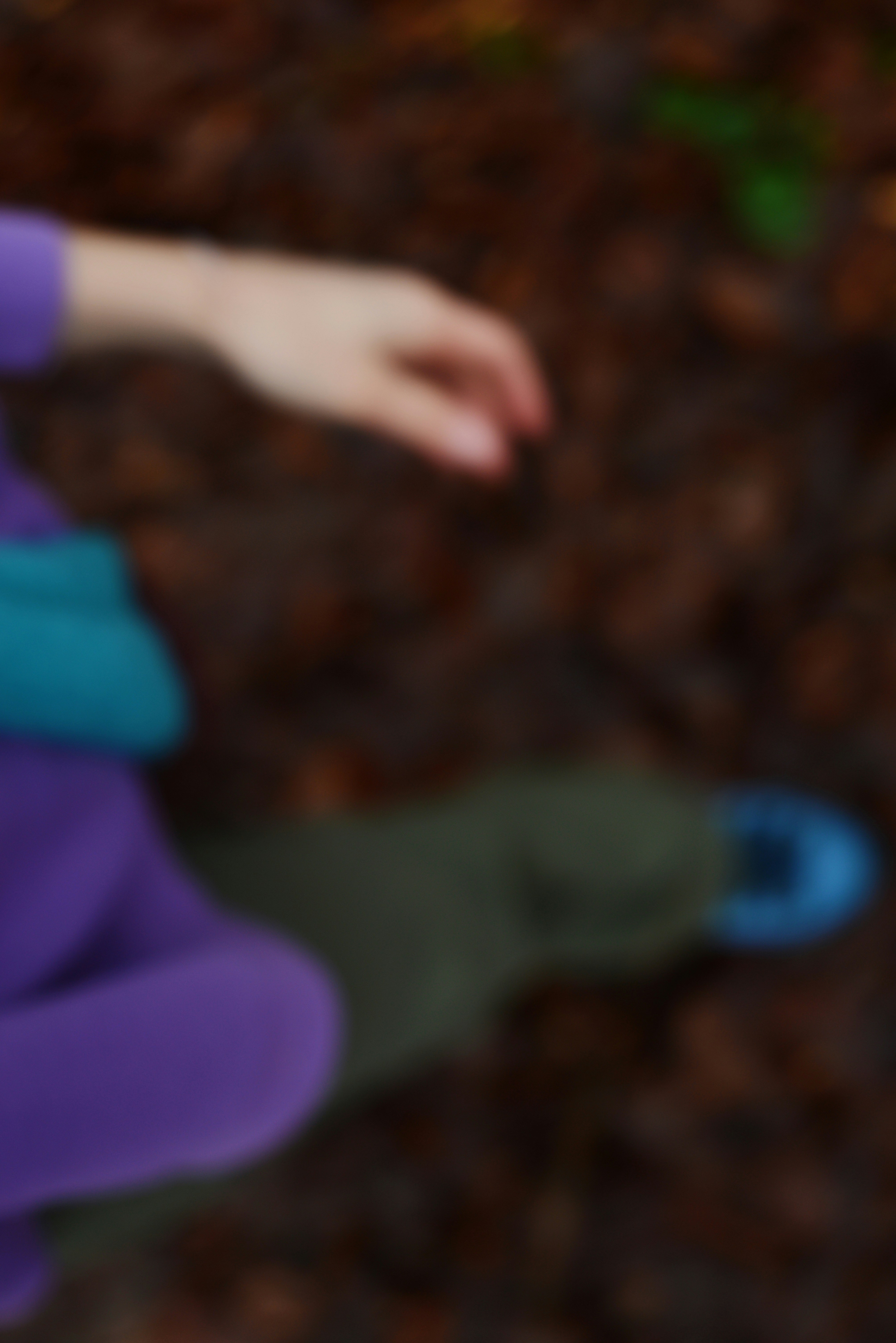 A person lying on the ground covered in leaves.