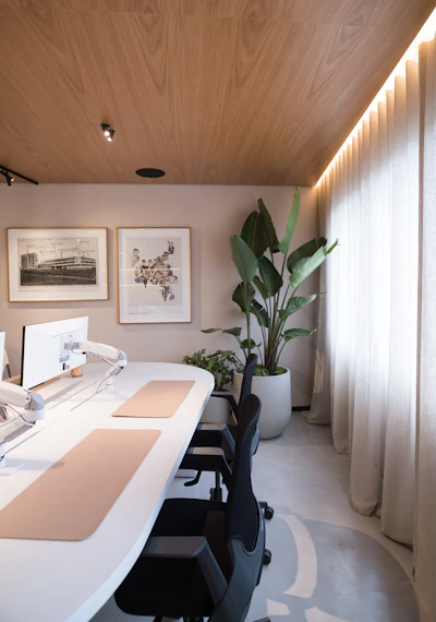 Modern office space with plants and artwork.