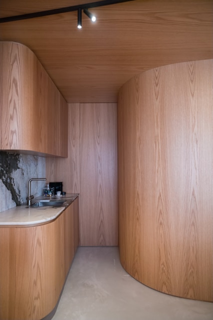 Modern kitchen with curved wooden walls and countertop.