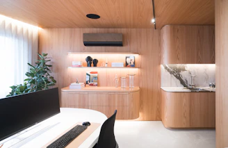 Modern office space with wood paneling and plants