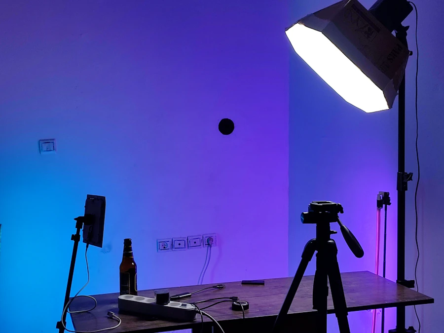 Studio lighting rig — softbox key light and broadcast-grade illumination over a live selling set