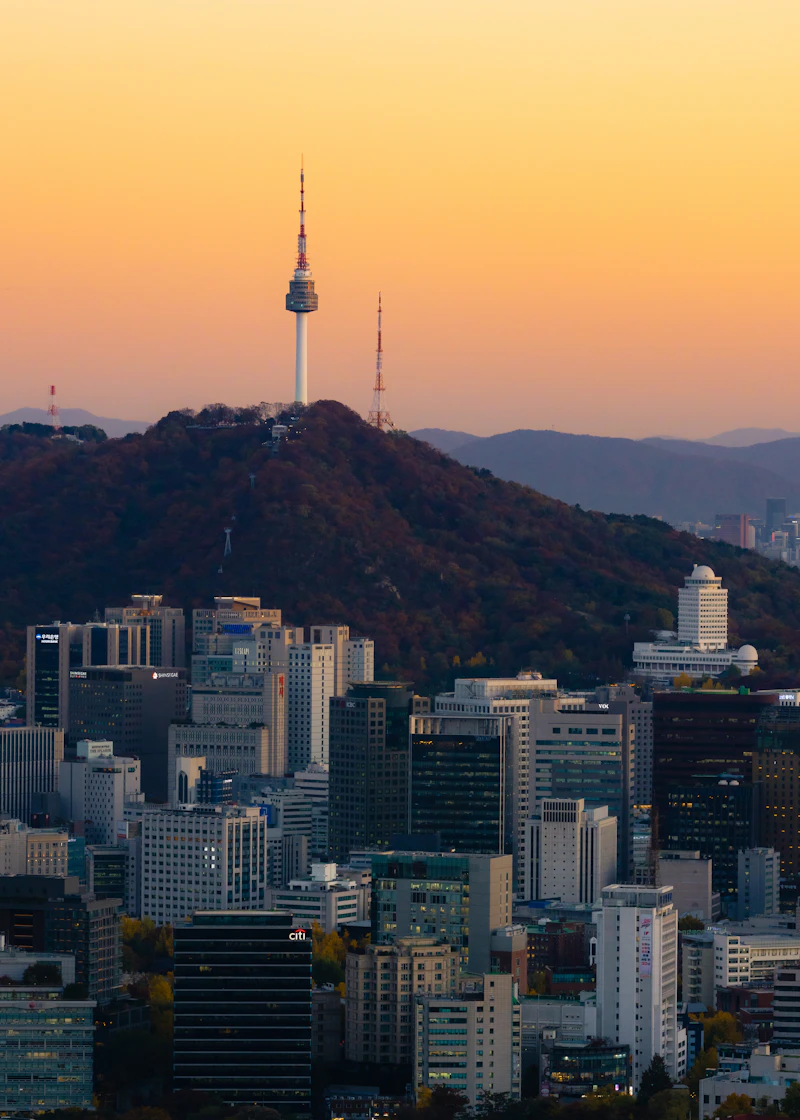 Seoul skyline with hilltop tower at sunset