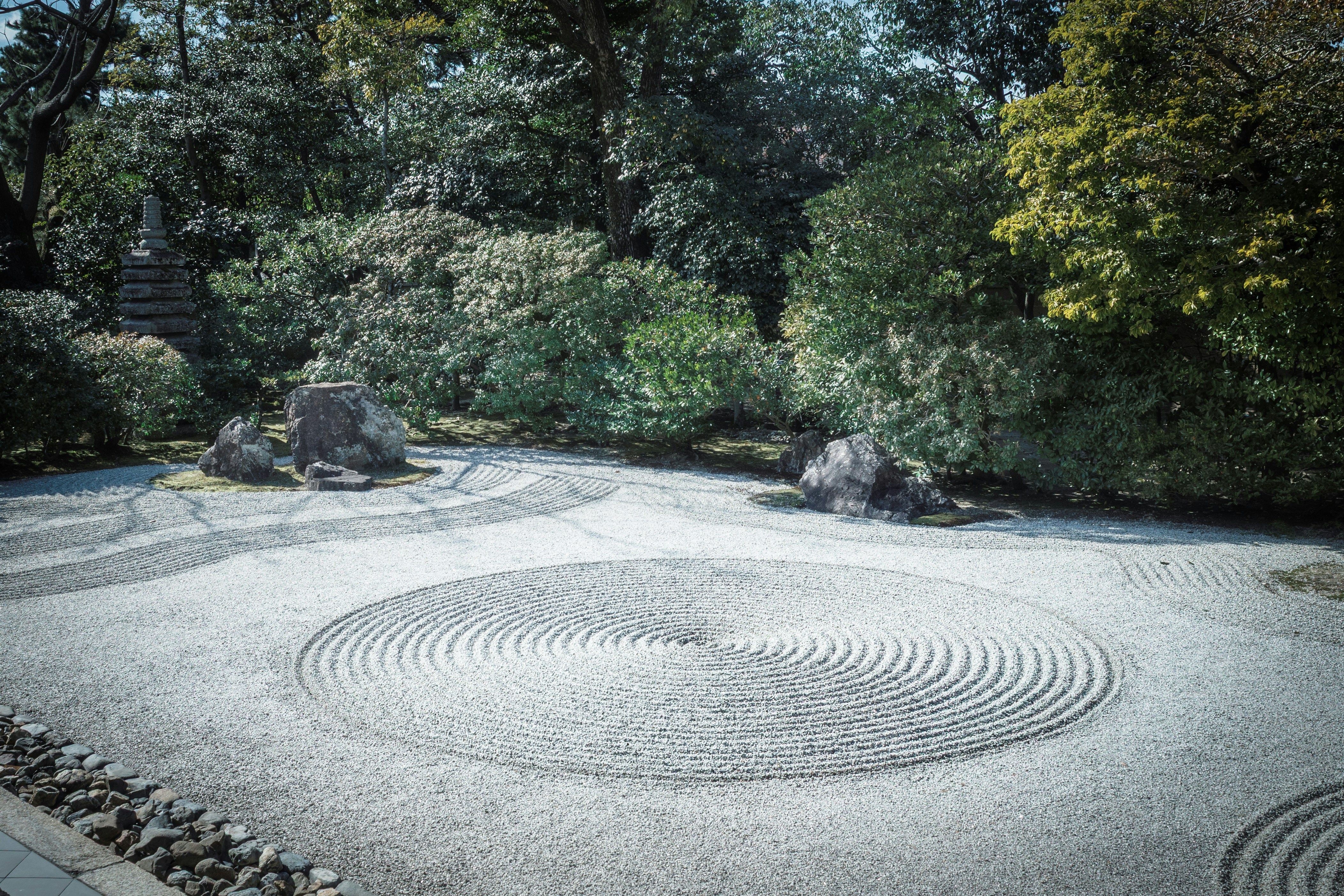 Zen garden with raked sand and rocks