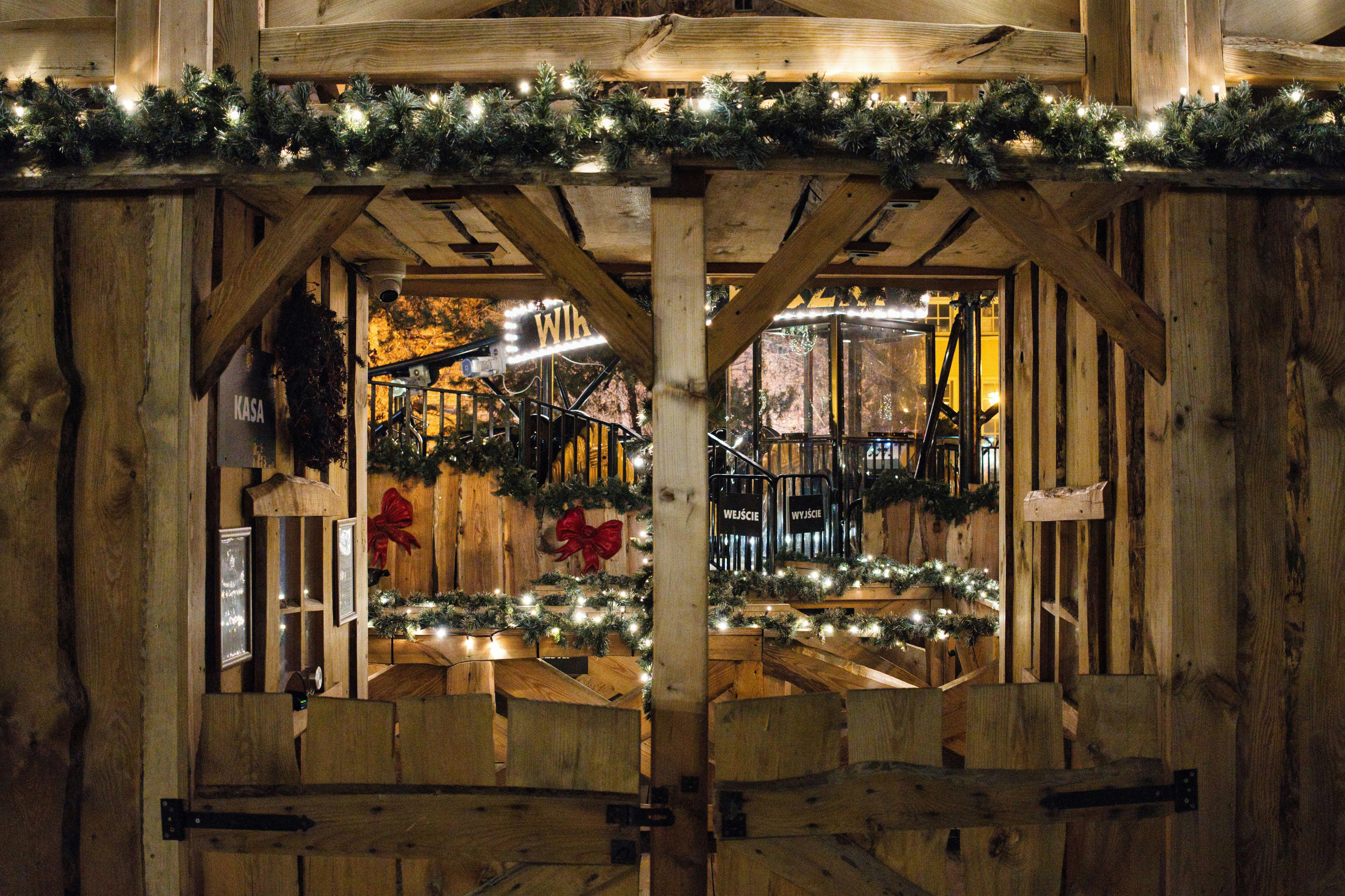 Rustic wooden stall decorated with christmas lights