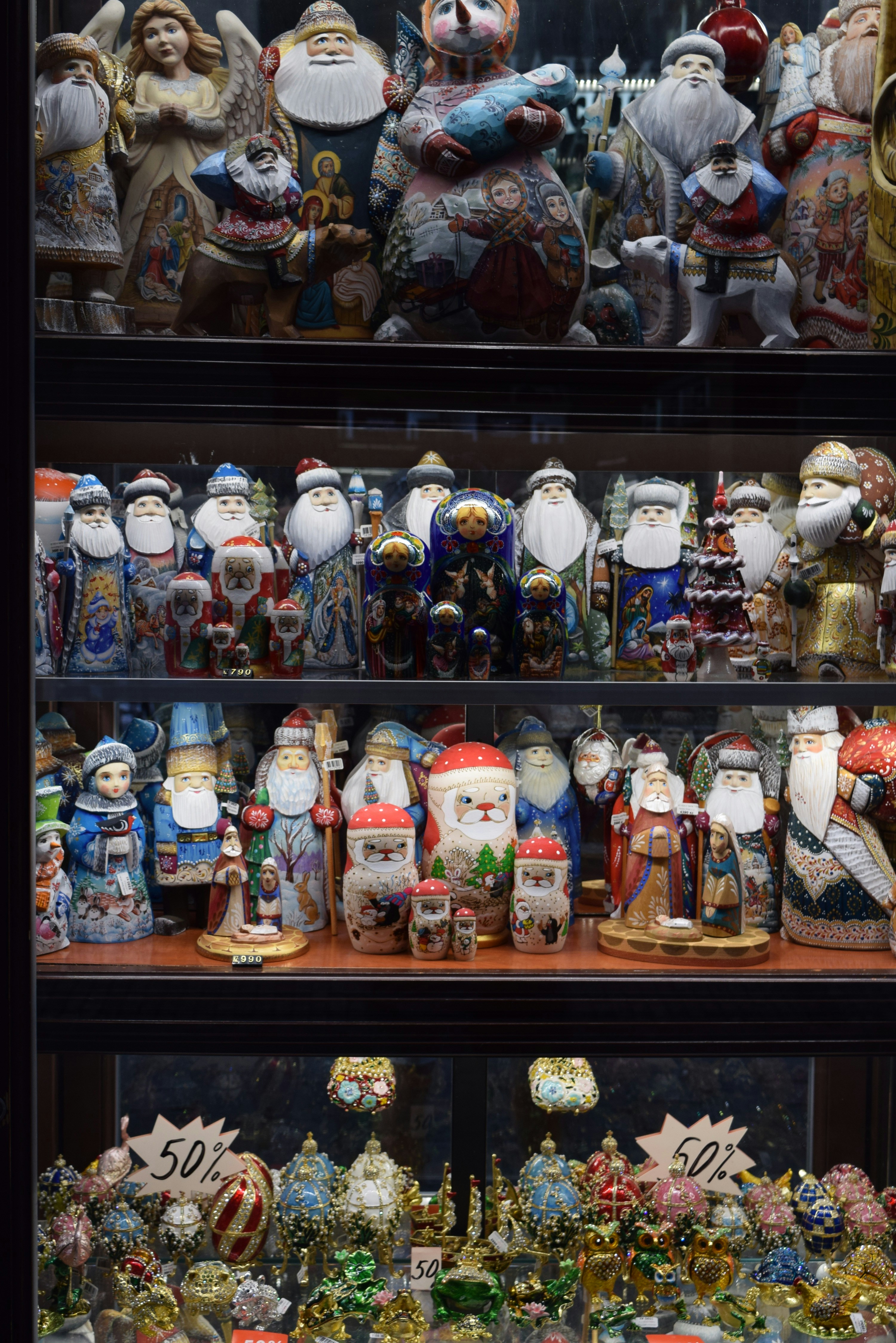Collection of santa claus and matryoshka dolls