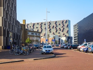 Modern buildings and parked cars on a street