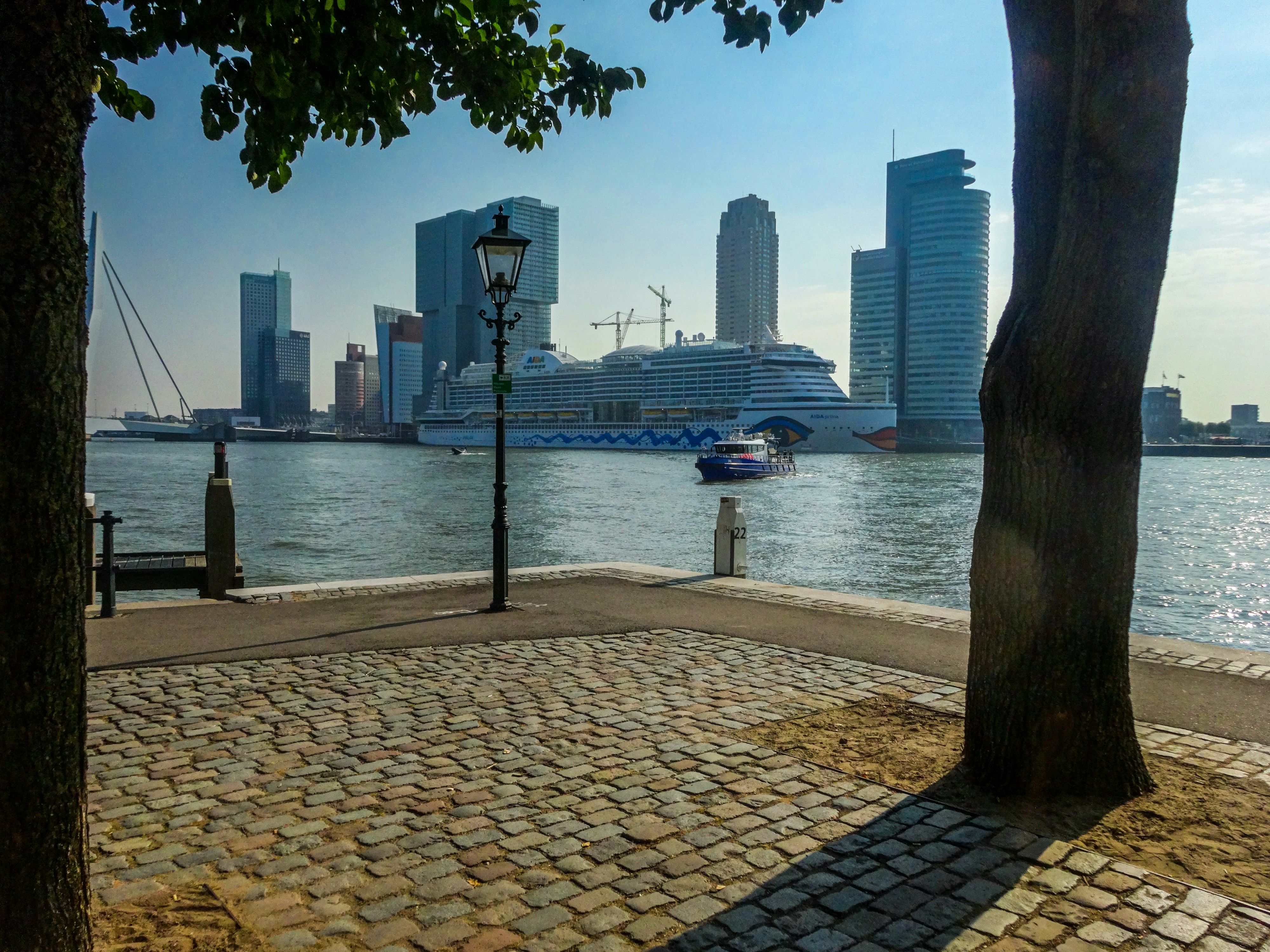 Cruise ship docked in a city harbor with skyscrapers.