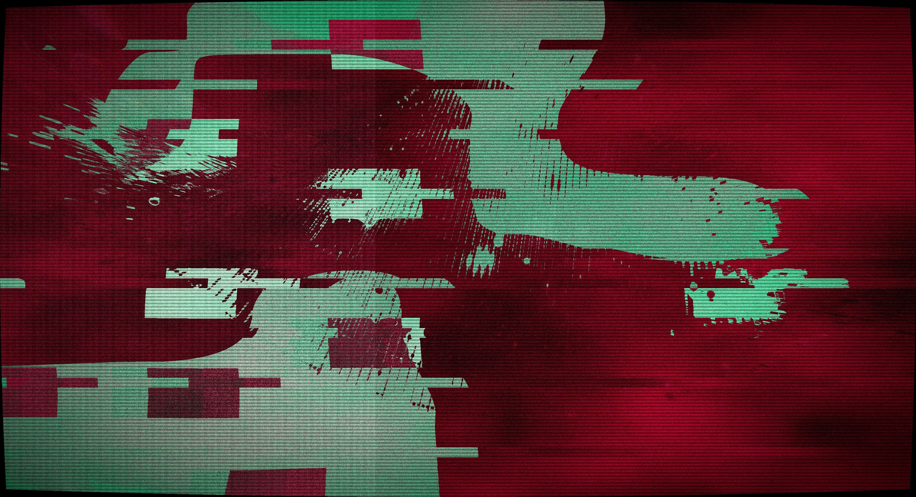 Glitch art effect on abstract red and teal shapes