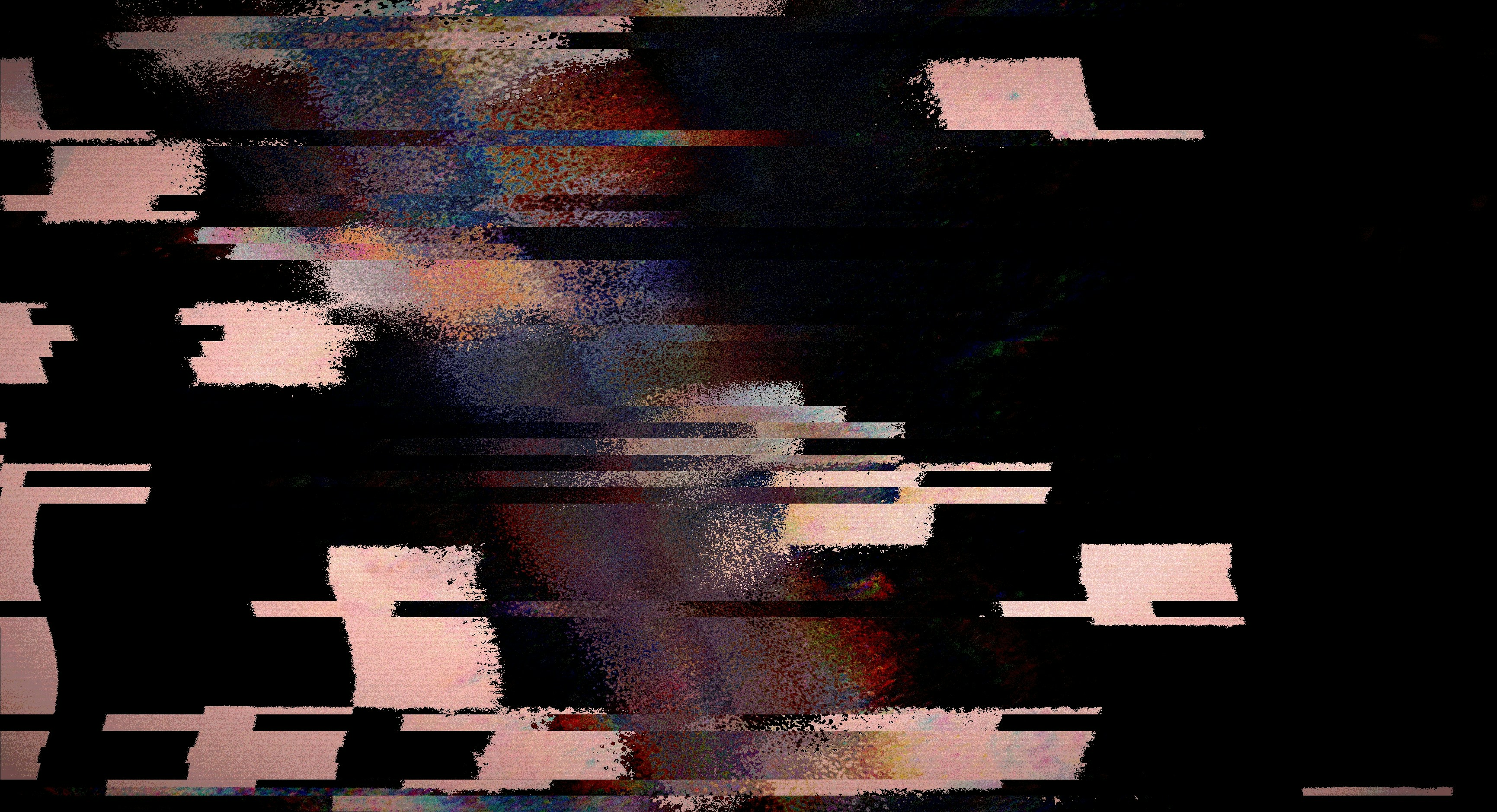 Abstract digital glitch art with black background.