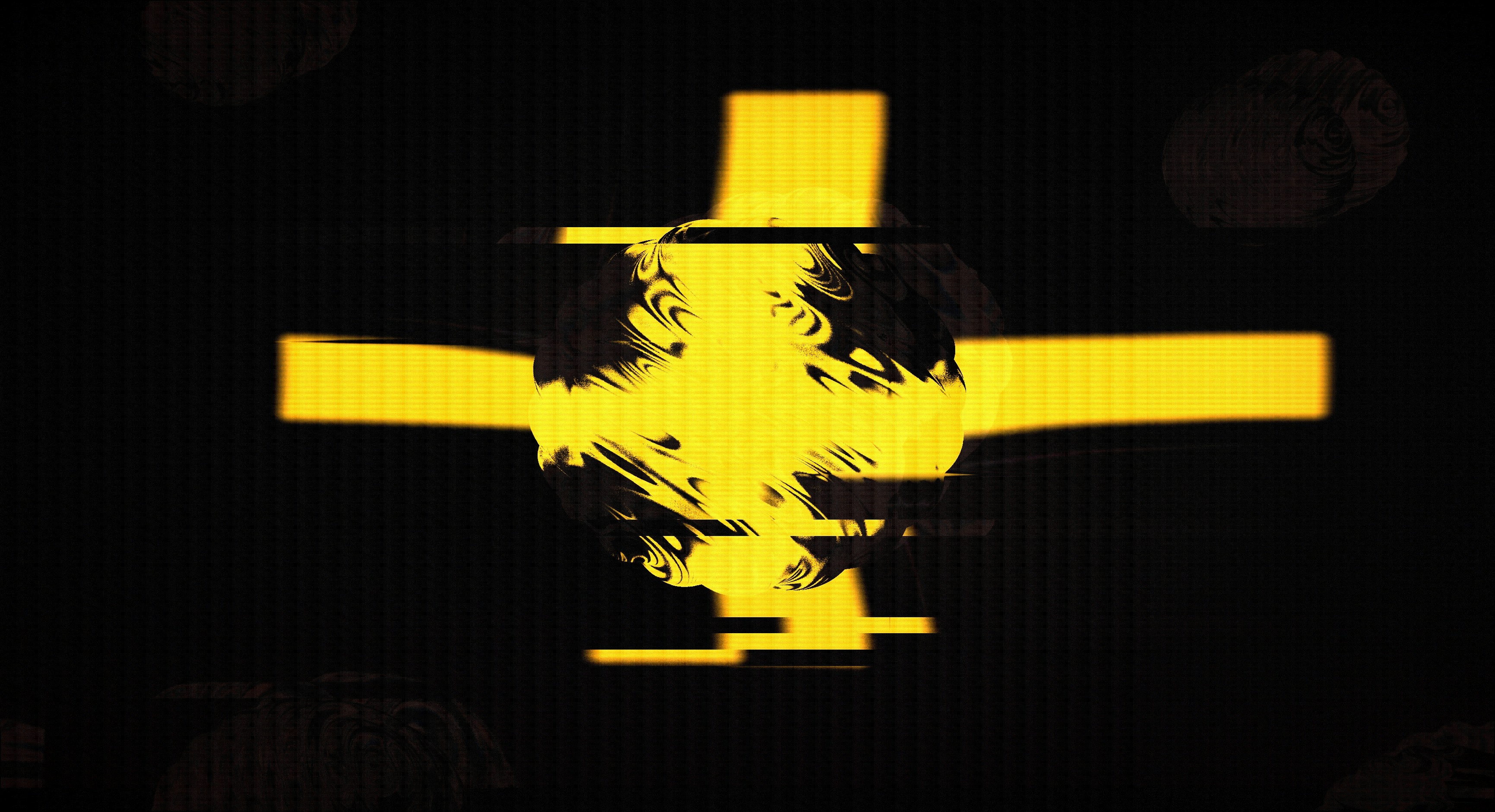 A yellow abstract symbol with glitch effects