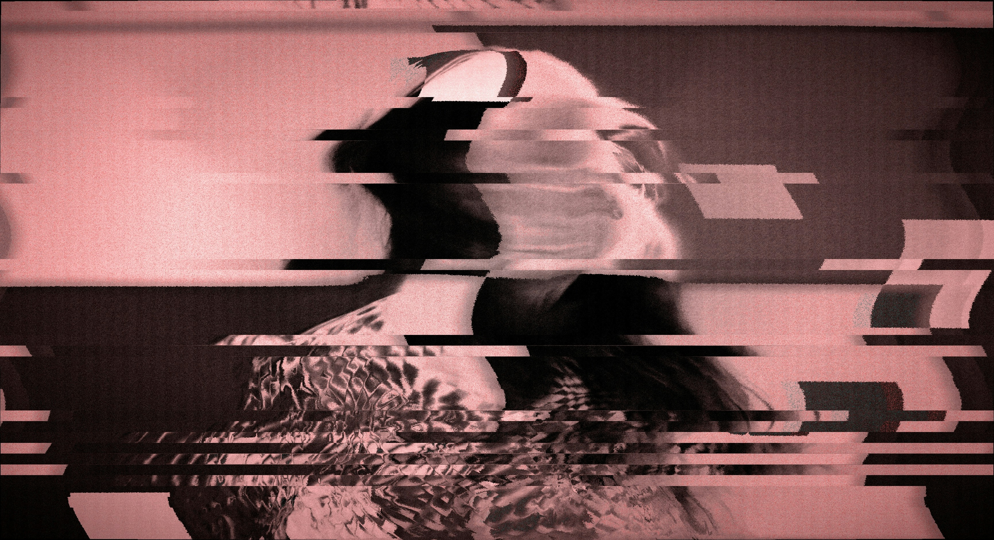 Distorted portrait with glitch effect and pink tones