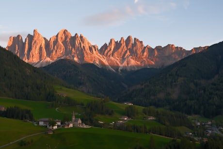 The Dolomites - The Odle/Geisler peaks glowing at sunset above Val di Funes