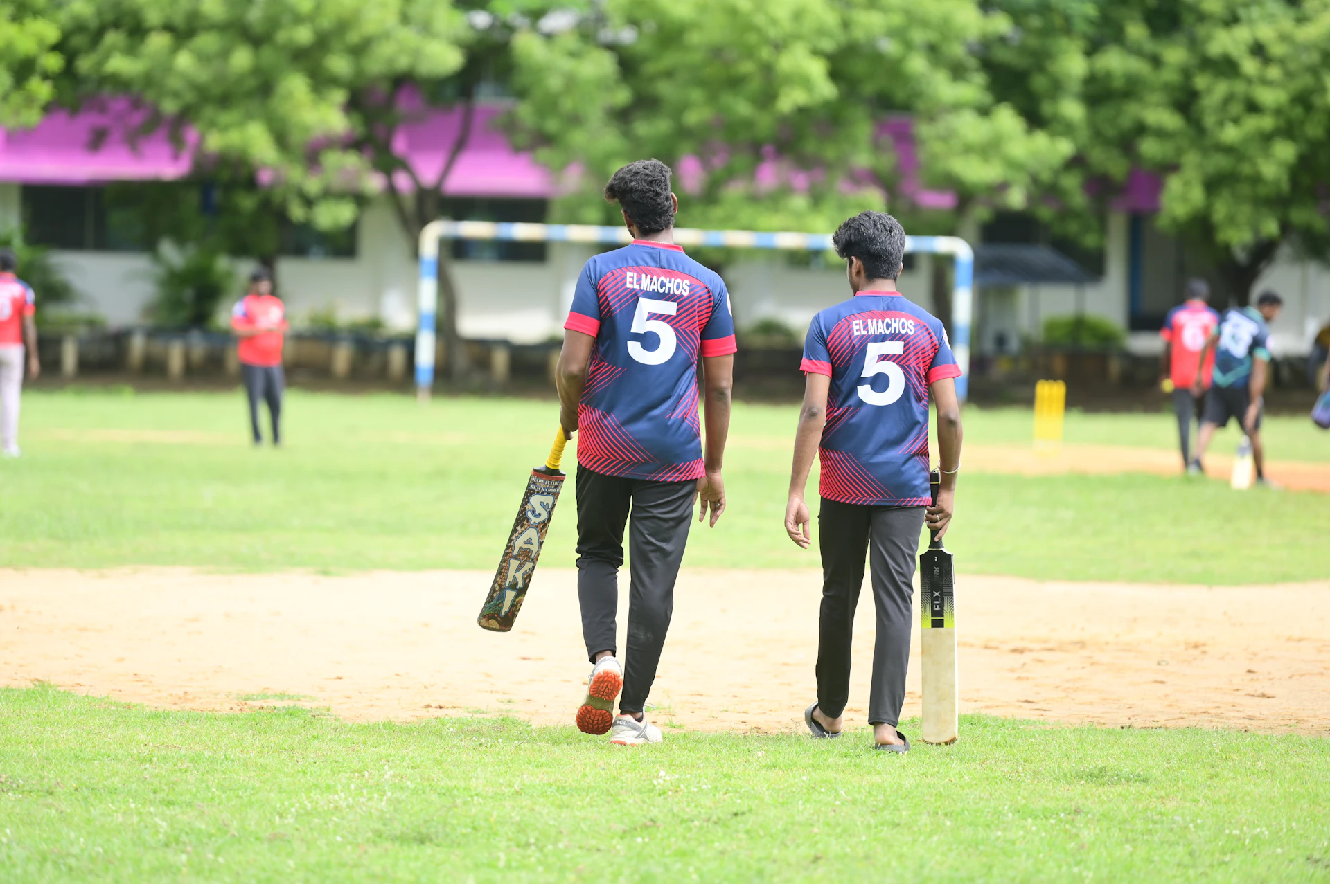 Two young men walk across a cricket field