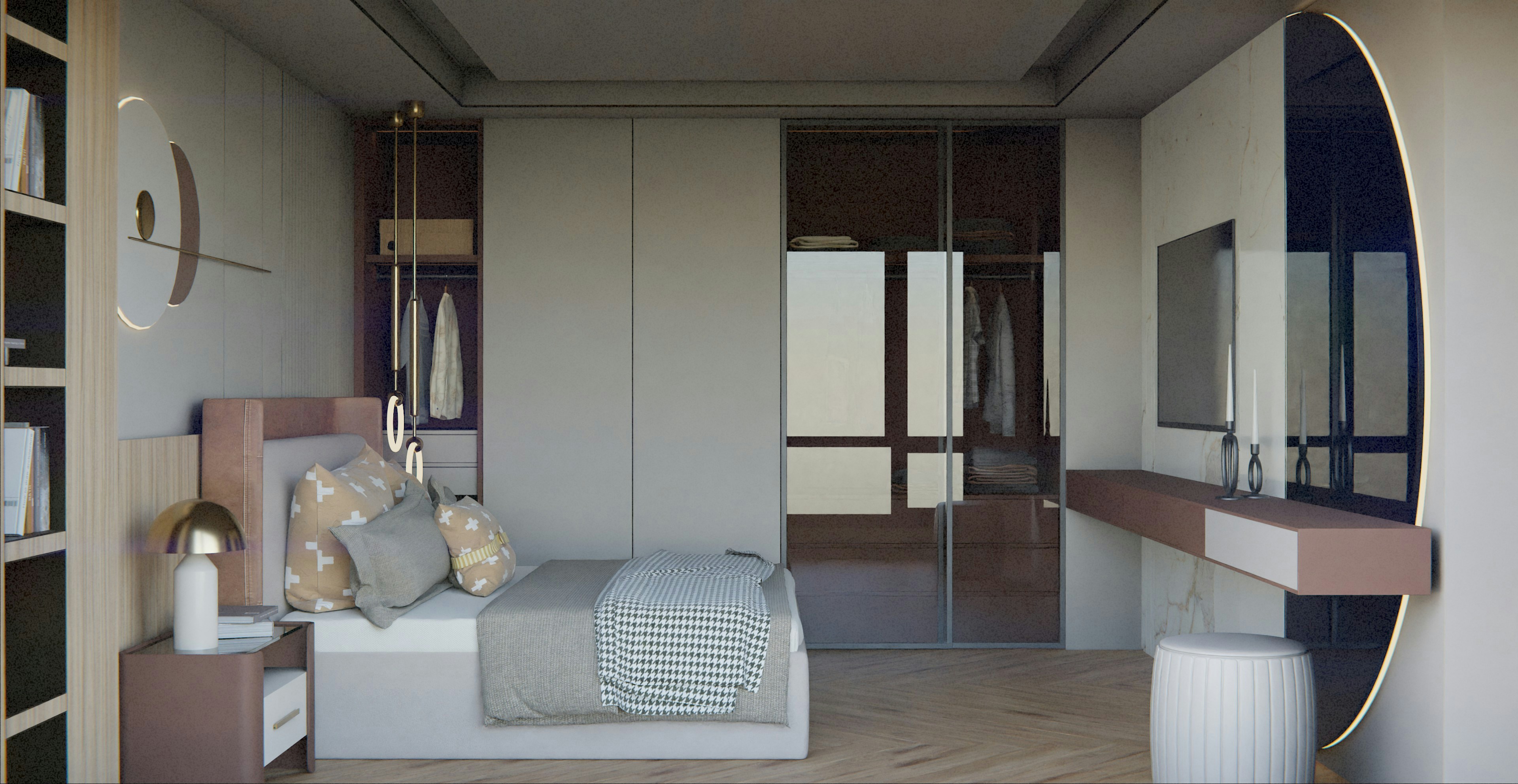 Modern bedroom with a bed, vanity, and closet.