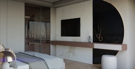 Modern bedroom with closet and wall-mounted television.