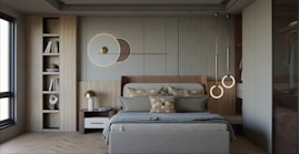 Modern bedroom with a large bed and shelves.