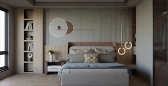 Modern bedroom with a large bed and shelves.