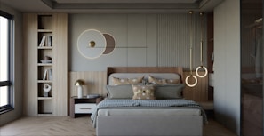 Modern bedroom with a large bed and shelves.