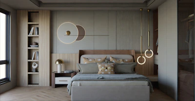 Modern bedroom with a large bed and shelves.
