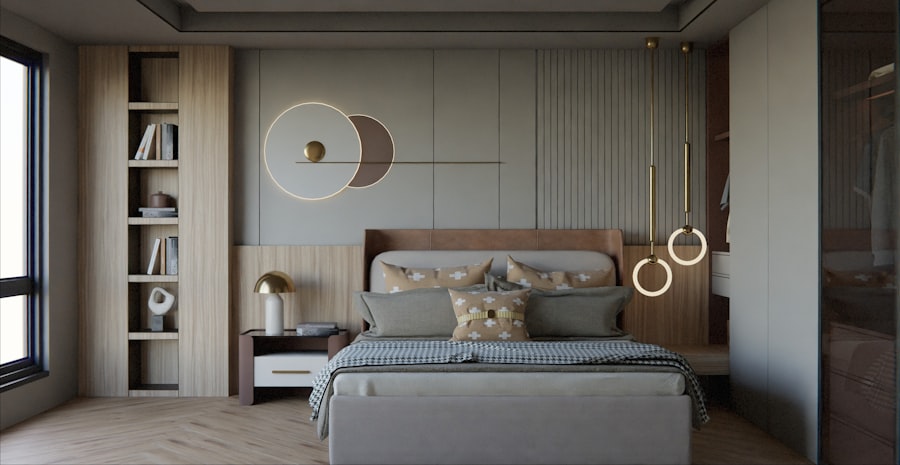 Contemporary bedroom with a walnut headboard, ring pendant lights and built-in shelving