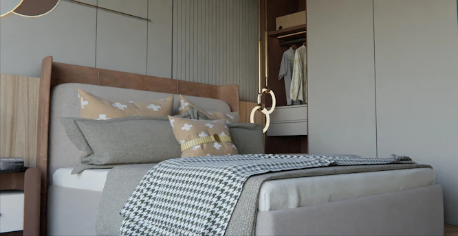 Modern bedroom with a neatly made bed and open closet
