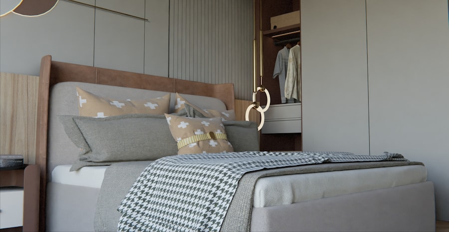 Bedroom with wardrobe and made bed