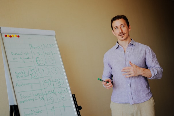 Man presenting near a whiteboard with notes.