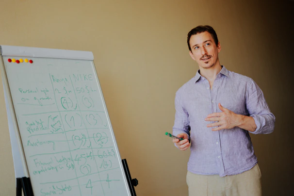 Man presenting near a whiteboard with notes.