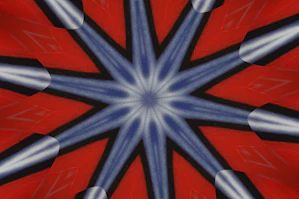 Abstract radial pattern of blue and silver on red background